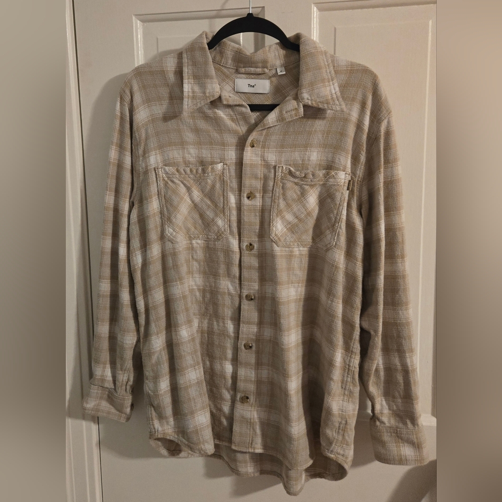 Aritzia TNA Beige Plaid Casual Button Down Shirt